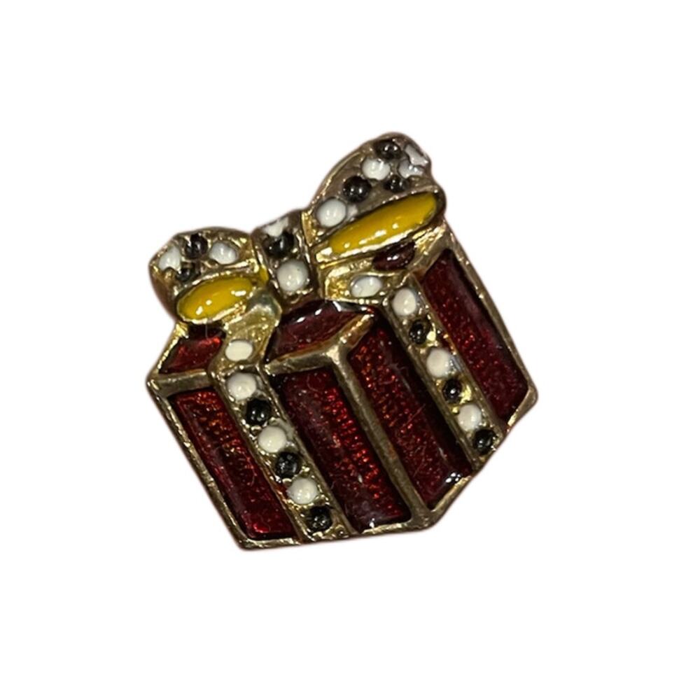 Vintage Gift Box Brooch Pin - Present Gift Bow and Rhinestones - Approx. 1" -EUC